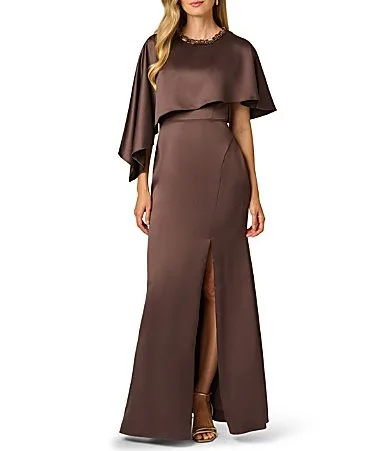 Crew Neck Asymmetric Cape Satin Long Gown by Adrianna Papell