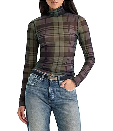 The Mesh Plaid Printed Turtleneck Long Sleeve Top by GOOD AMERICAN