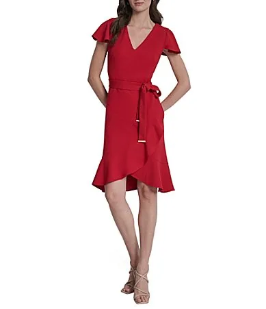 DKNY by Donna Karan Scuba Crepe V-Neck Short Flutter Sleeve Belted Faux Wrap Dress by Donna Karan