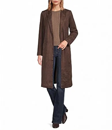Faux Suede Notch Collar Neck Long Sleeve Open Front Duster by Skies Are Blue
