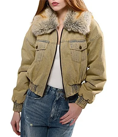 Evra Denim Faux Fur Oversize Collar Zip Front Bomber Jacket by Azalea Wang