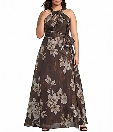 Halter Neck Floral Shimmer Organza A-Line Gown by Eliza J