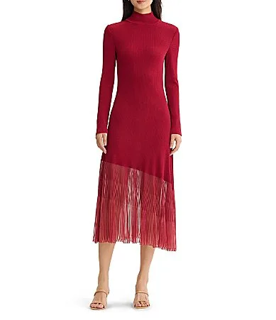 Ribbed Knit Mock Neck Long Sleeve Asymmetrical Sheer Hem Sheath Midi Dress