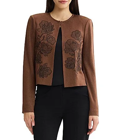 Wrinkle-Resistant Embroidered Metallic Long Bell Sleeve Cardigan by Misook