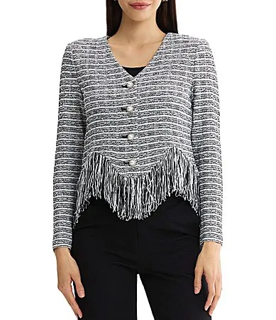 Tweed Knit Striped V-Neck Long Sleeve Chevron Fringe Trim Button-Front Jacket by Misook