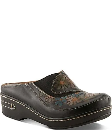 Chino Hand Painted Floral Leather Mule Clogs by Lartiste