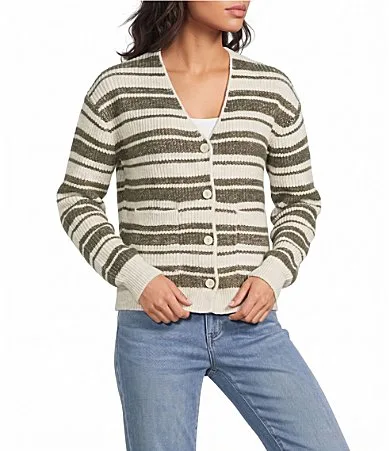 Knit Plaited Stripe V-Neck Long Sleeve Sweater Cardigan by Liverpool Los Angeles
