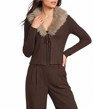 Fur Trim Tie Front Long Sleeve Cardigan