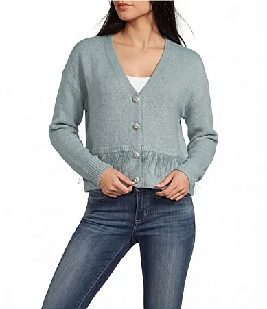I.N. San Francisco Feather Trim V-Neck Long Sleeve Cardigan by In San Francisco