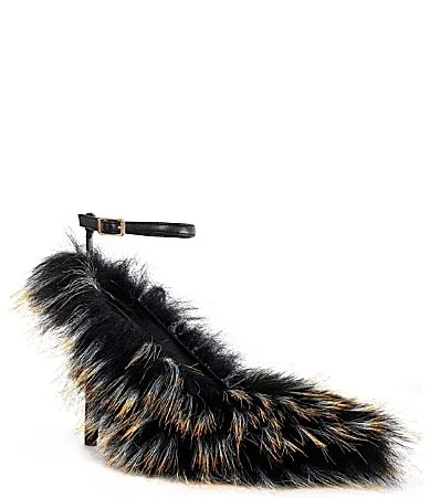 Azalea Wang Noir Faux Fur Ankle Strap Pointed Toe Pumps by Azalea Wang