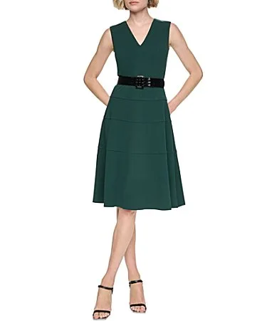 DKNY by Donna Karan Scuba Crepe Sleeveless V-Neck Tiered Skirt Fit-And-Flare Dress by Donna Karan