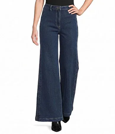 High Rise Wide Leg Scallop Trim Coordinating Denim Pants