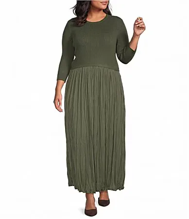 Twofer Crew Neck 34 Sleeve Midi Dress by Skies Are Blue