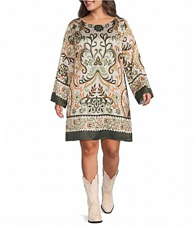 Border Print Bell Sleeve Mini Shift Dress by Skies Are Blue