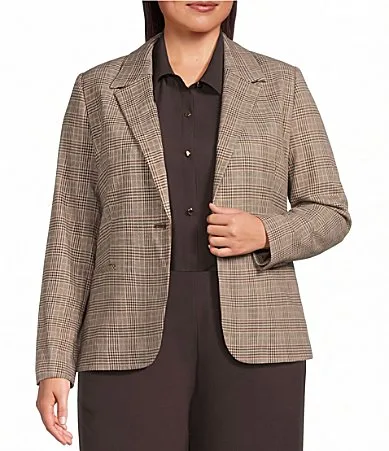 Coffee Plaid Long Sleeve Button Front Blazer by Investments