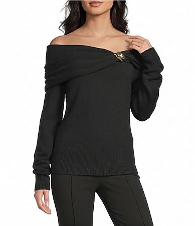 I.N. San Francisco Off the Shoulder Broach Detail Long Sleeve Sweater by In San Francisco