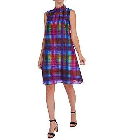 Vanessa Tie Back Plaid Organza Shift Dress by Abbey Glass