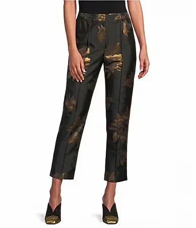 Metallic Woven Golden Bloom Flower Ankle Coordinating Pants by Ic Collection