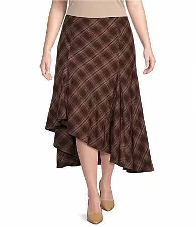 Lucy Paris Mikey Plaid Printed Asymmetric Hem Midi Skirt