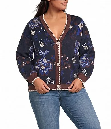 Intarsia Floral Printed V-Neck Long Sleeve Button Front Cardigan by Skies Are Blue