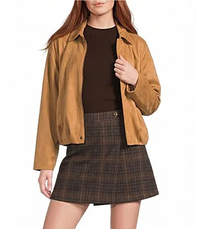 Faux Suede Collared Long Sleeve Zip Up Bubble Hem Jacket by Skies Are Blue