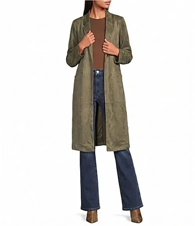Faux Suede Notch Collar Neck Long Sleeve Open Front Duster by Skies Are Blue