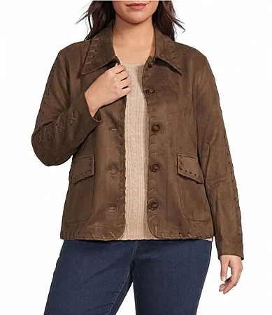 Saddle Stitch Faux Suede Collared Long Sleeve Button Front Jacket by Skies Are Blue