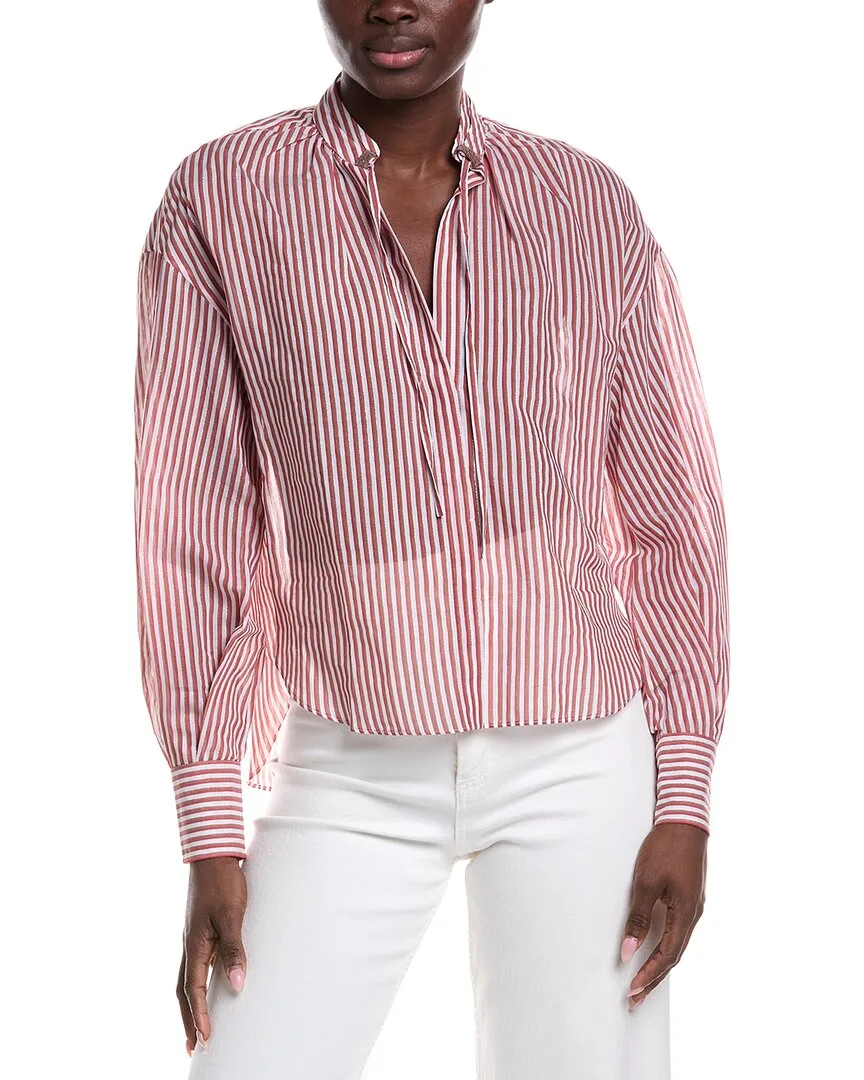High-Low Tie Neck Silk-Blend Shirt by Brunello Cucinelli