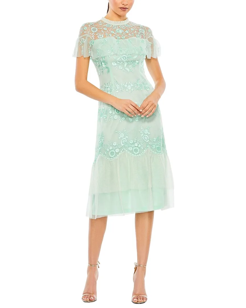 Mac Duggal Embroidered Ruffled Cap Sleeve Midi Dress by M.A.C.