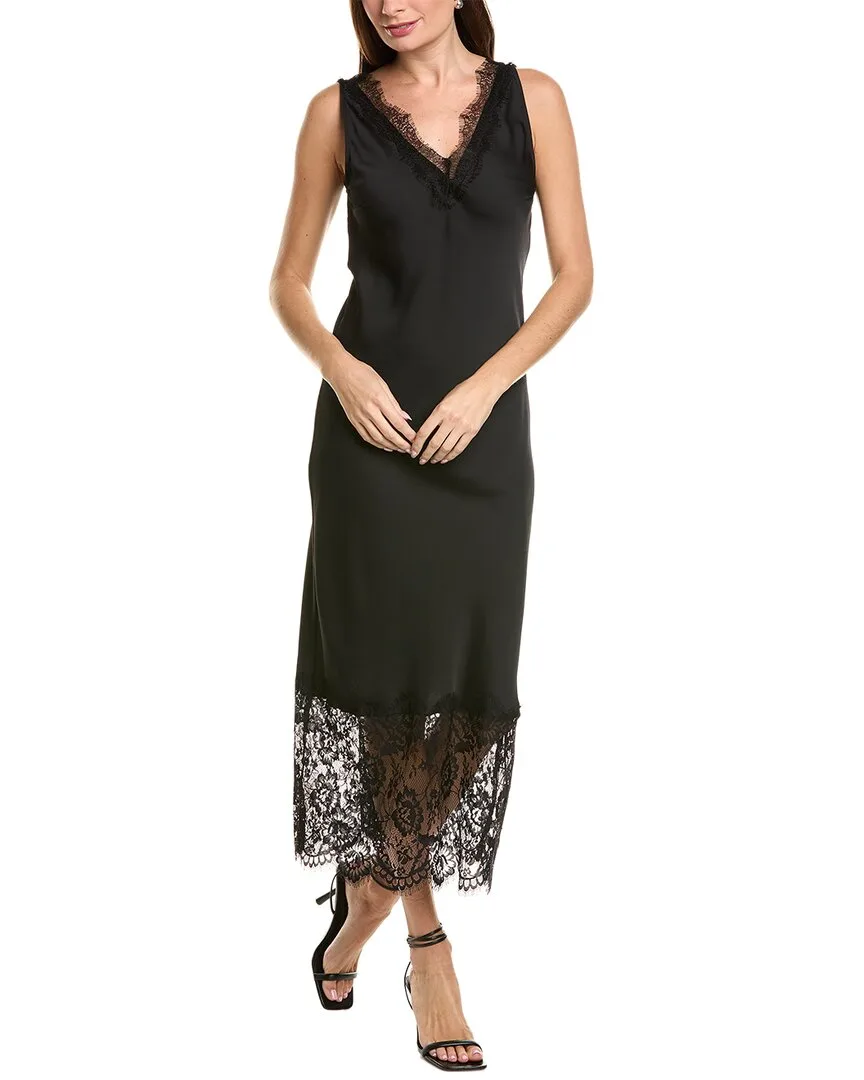 Satin V-Neck Lace Trimmed Dress