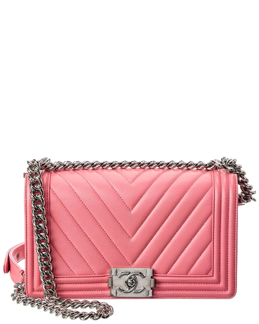 Pink Lambskin Chevron Quilted Lambskin Boy 25 Chain Shoulder Bag (authentic Pre-Loved) by CHANEL