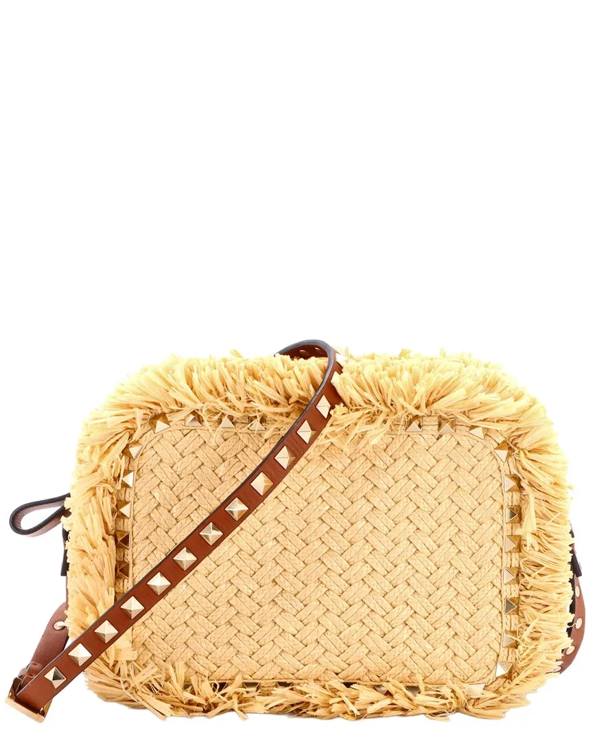 Beige Raffia & Leather Rockstud Camera Crossbody (authentic Pre-Loved) by Valentino