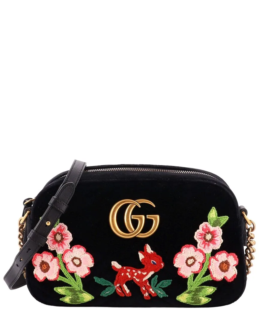 Black Matelasse Velvet Gg Marmont Camera Bag Embroidered Small (authentic Pre-Loved) by Gucci