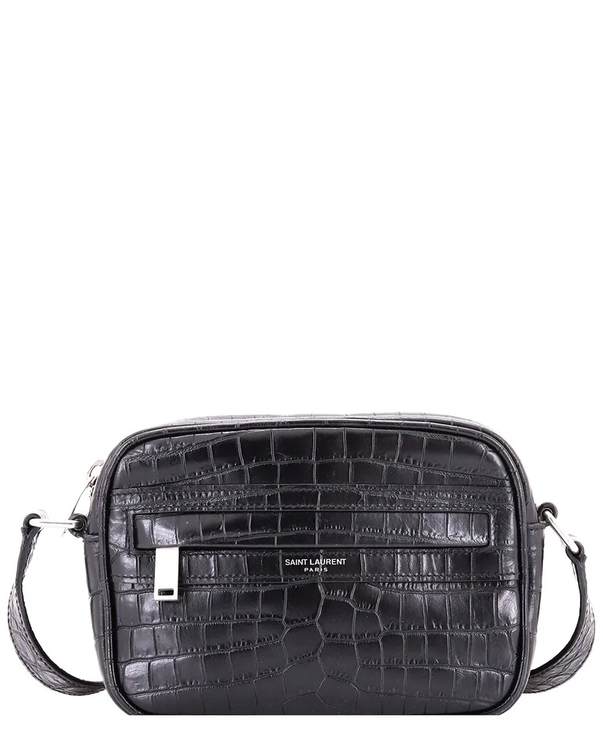 Black Croc-Embossed Leather Camp Camera Bag Mini (authentic Pre-Loved) by Saint Laurent