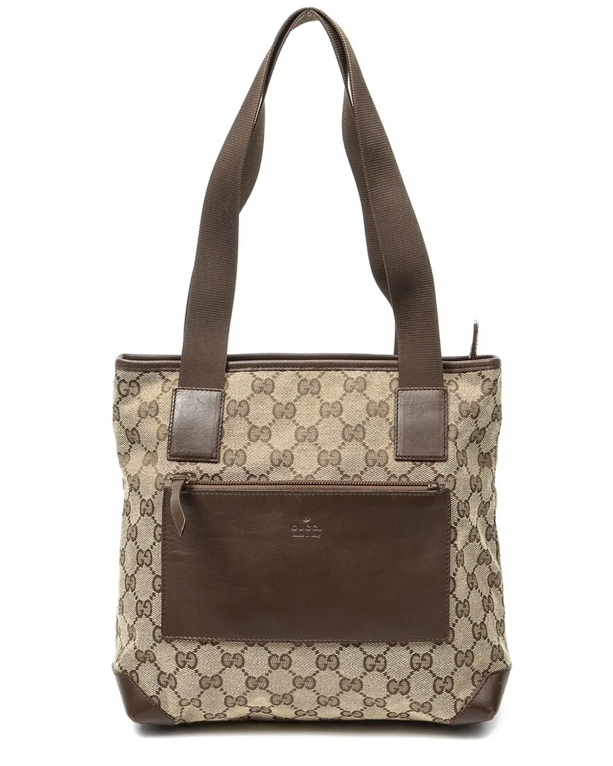 Beige & Brown Gg Canvas Front Pocket Zip Tote (authentic Pre-Loved) by Gucci
