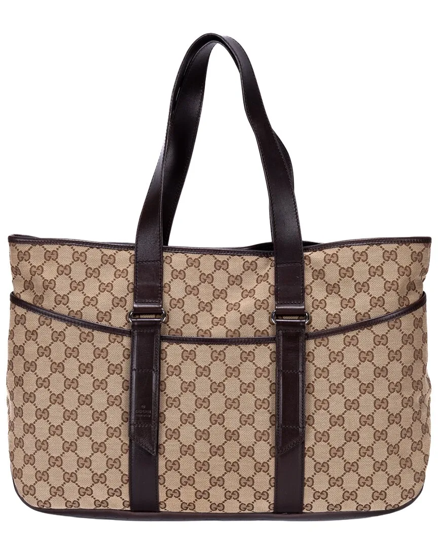 Beige & Dark Brown Gg Canvas Pocket Shopper Tote Bag (authentic Pre-Loved) by Gucci