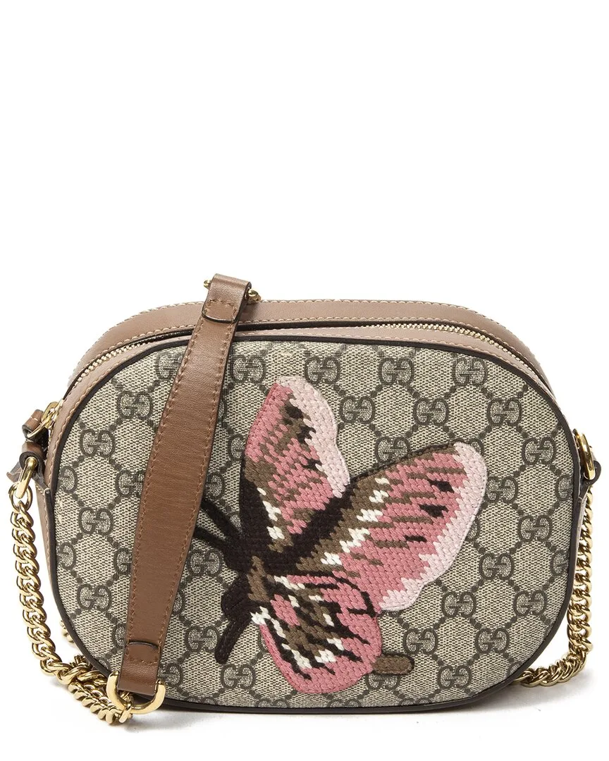 Beige & Brown Embroidered Gg Supreme Canvas Mini Chain Crossbody (authentic Pre-Loved) by Gucci