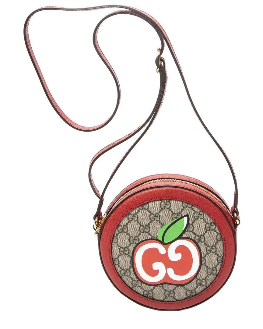 Beige Gg Apple Print Coated Canvas Mini Gg Round Crossbody (authentic Pre-Loved)