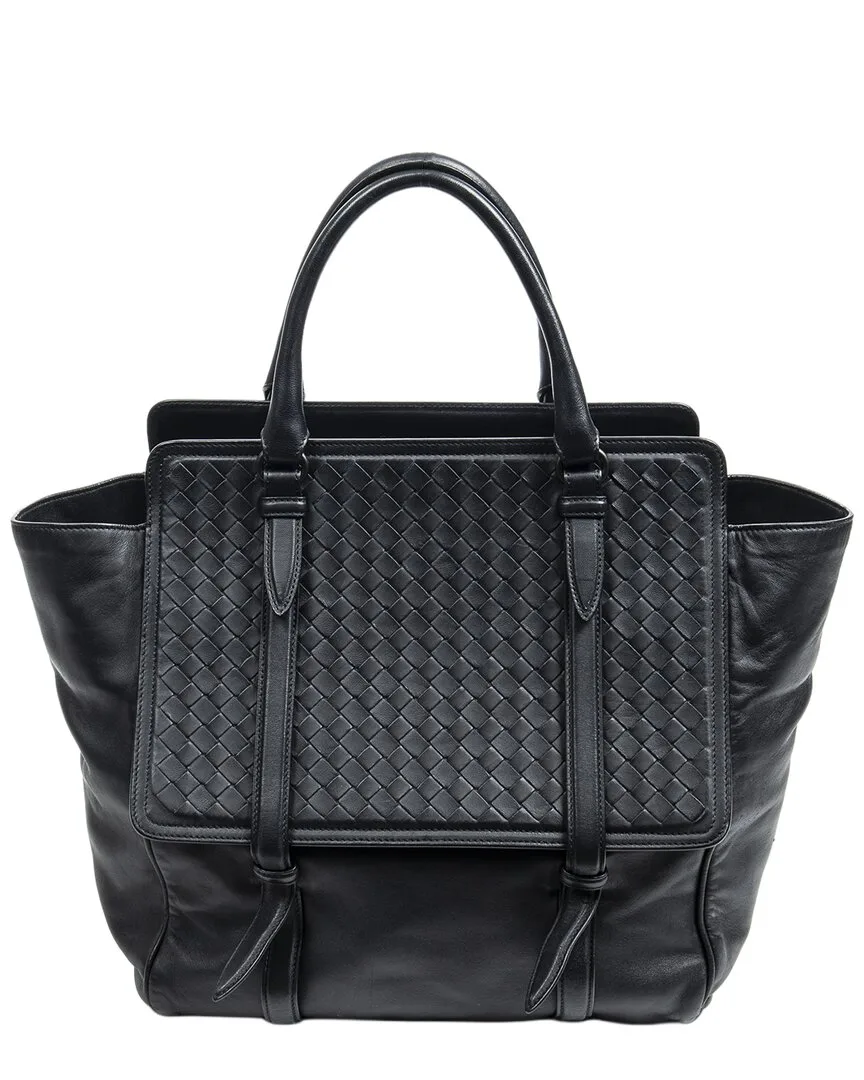 Black Smooth Calfskin & Intrecciato Leather Double Flap Belt Tote (authentic Pre-Loved)