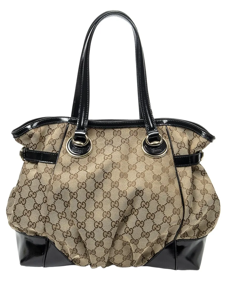 Beige & Black Gg Canvas Medium Full Moon Tote (authentic Pre-Loved) by Gucci