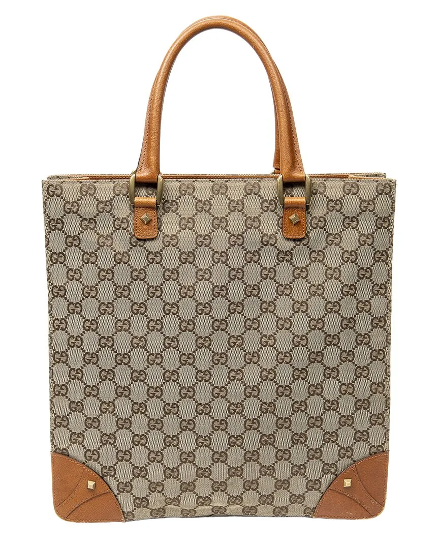 Beige & Brown Gg Canvas Nailhead Tote (authentic Pre-Loved) by Gucci