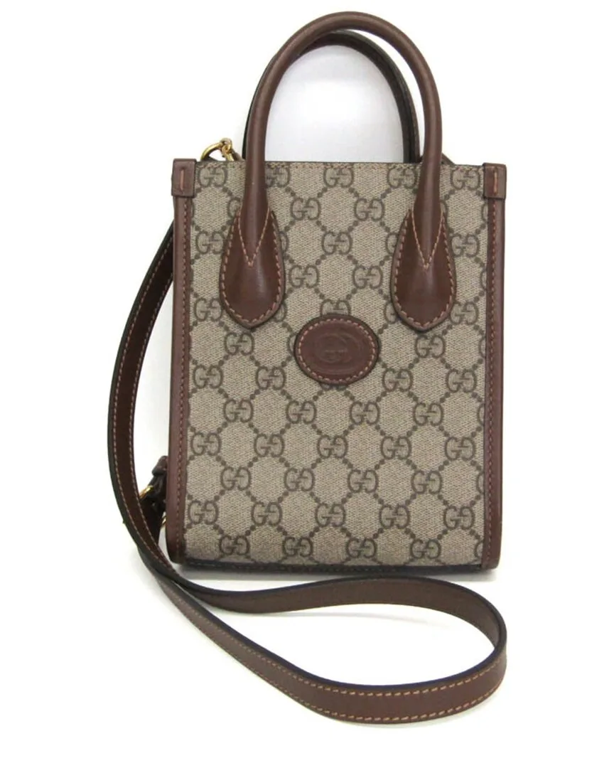 Beige & Brown Leather & Gg Supreme Canvas Interlocking G Shoulder Bag (authentic Pre-Loved)