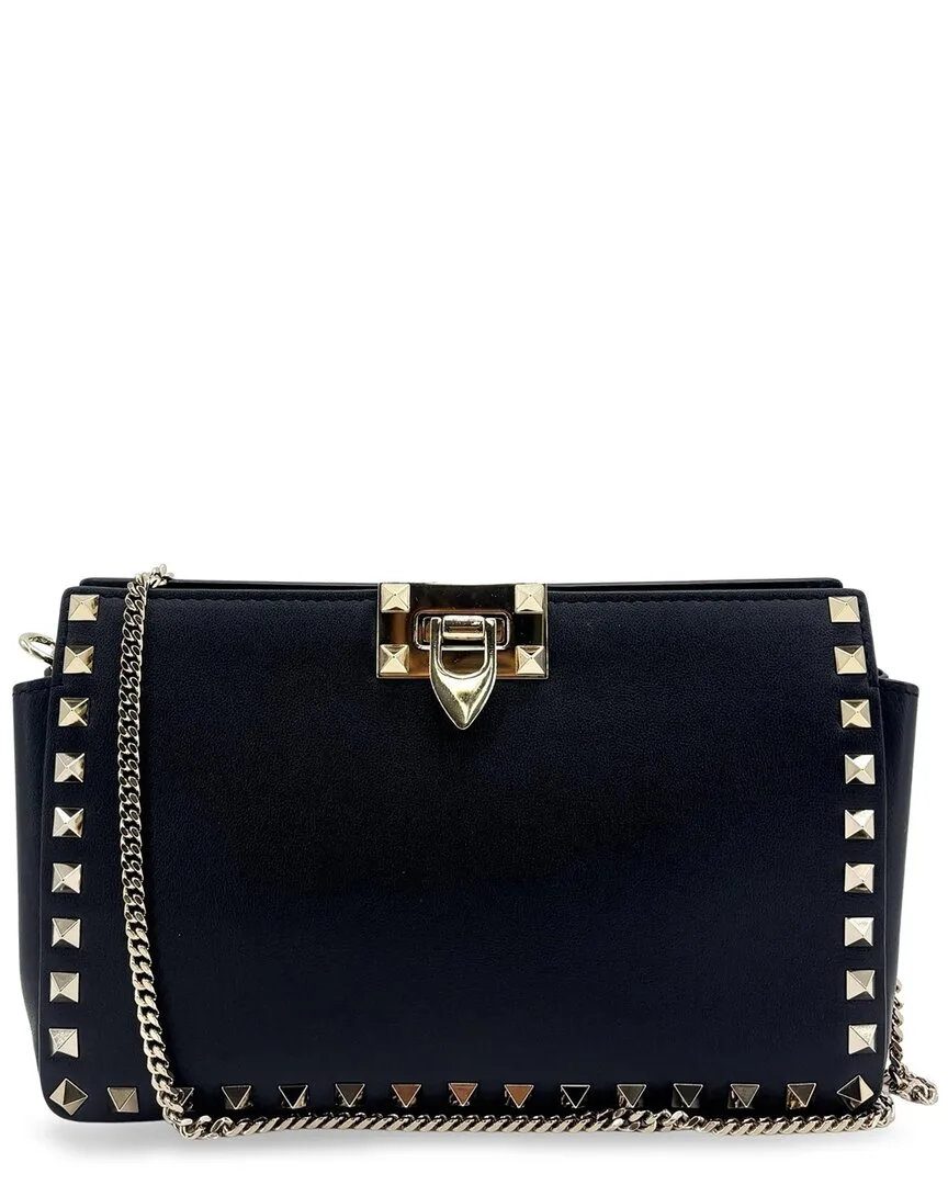 Black Calfskin Leather Rockstud Chain Shoulder Bag (authentic Pre-Loved)