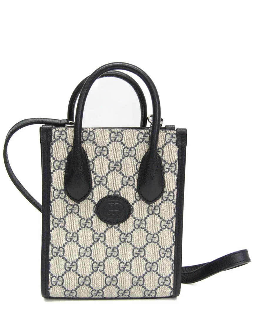 Beige & Dark Navy Leather & Gg Supreme Canvas Interlocking G Shoulder Bag (authentic Pre-Loved) by Gucci