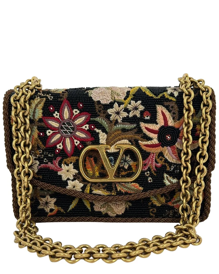 Black Leather Vain Embroidered Shoulder Bag I