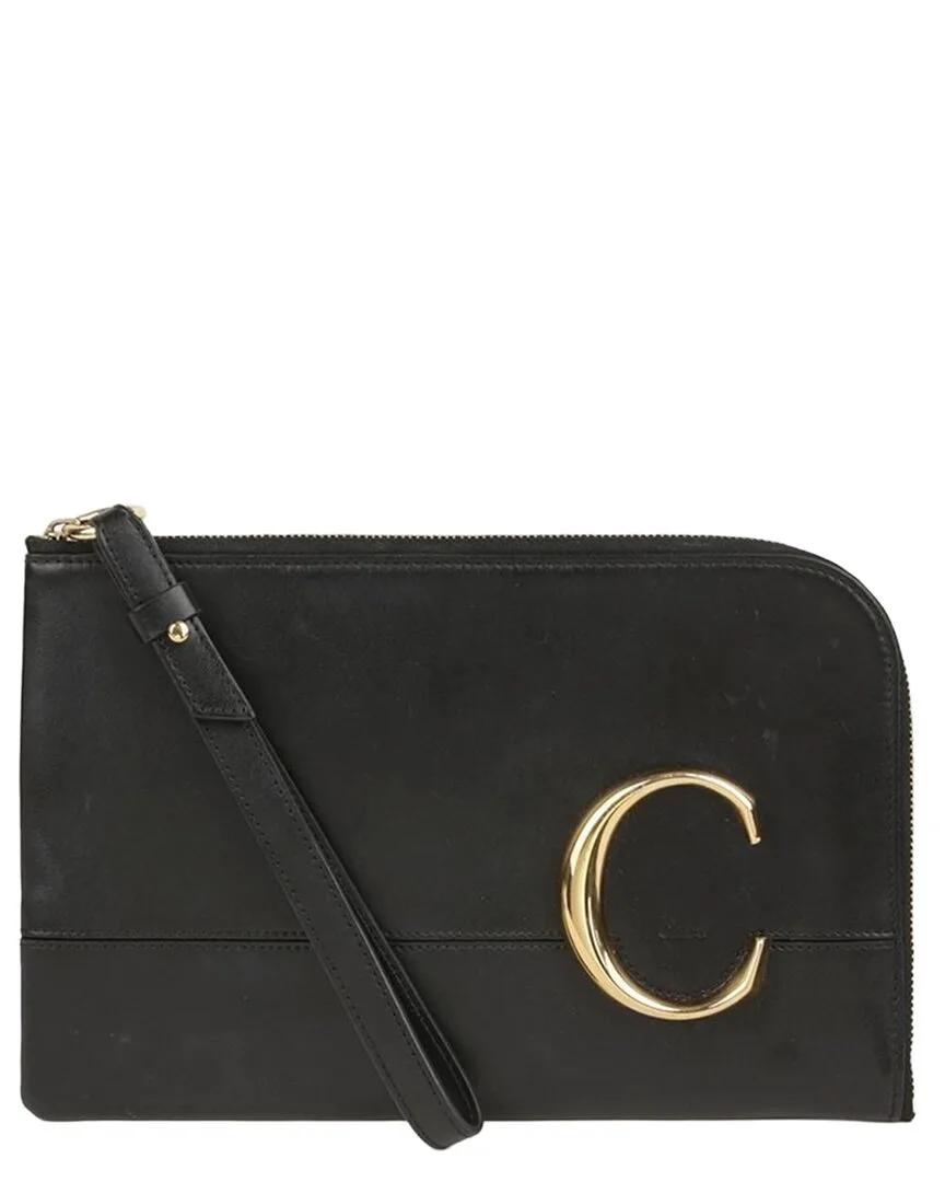 Black Leather Logo Zipper Strap Wallet Clutch (authentic Pre-Loved) by Chloé