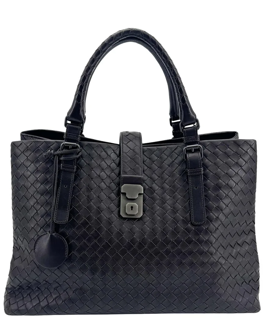Black Intrecciato Calfskin Intrecciato Roma Small Tote (authentic Pre-Loved) by Bottega Veneta