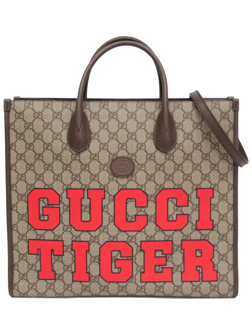 Beige & Brown Gg Supreme Canvas & Leather Tiger Tote (authentic Pre-Loved) by Gucci