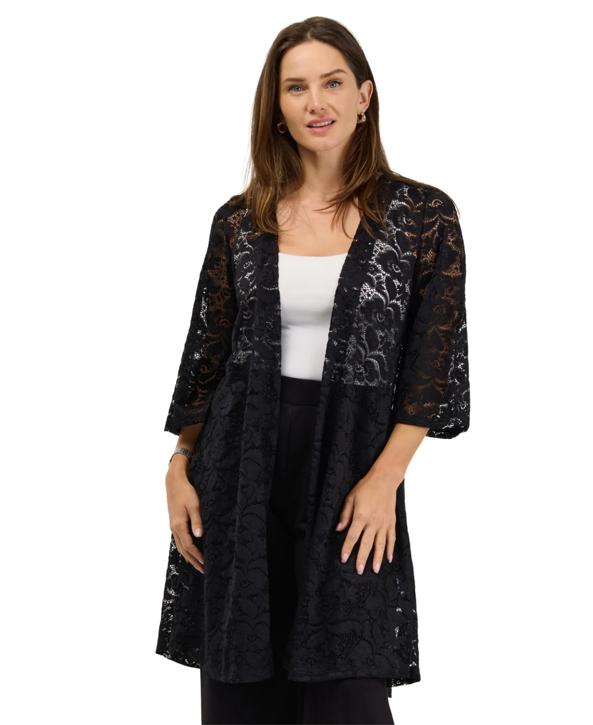 Lace Floral-Print 3/4-Sleeve Jacket by 24seven Comfort Apparel
