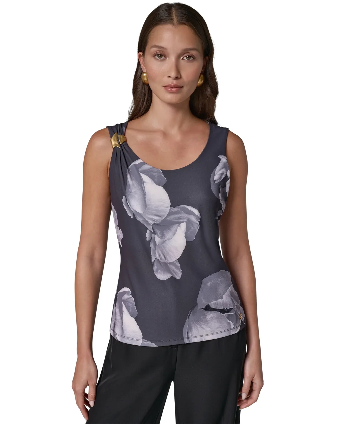 Floral Hardware Strap Scoop Neck Sleeveless Blouse by Donna Karan New York